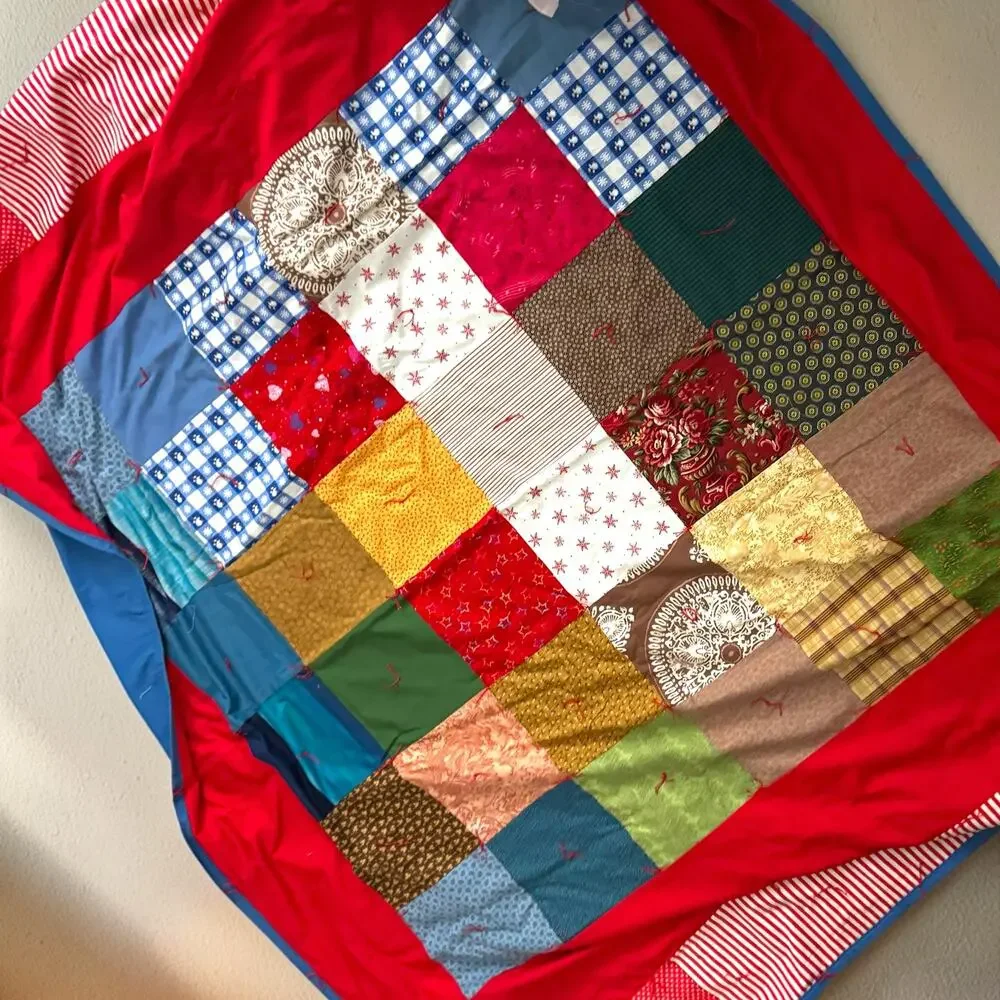 Vintage Handmade Hand-Tied Patchwork Quilt Twin 78x62 Scrappy Red Blue Cotton